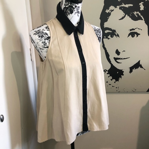 Cue Tops - CUE Size 8 Coffee/Black Trim Linen-Blend Sleeveless Pleated Fit&Flare Swing Top